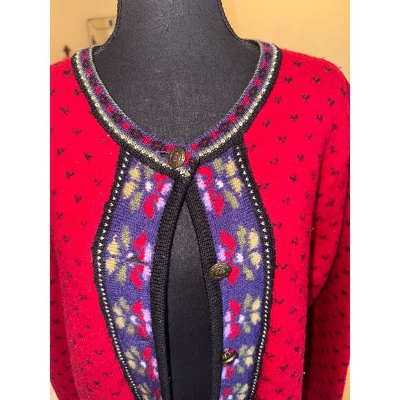 Vintage Tally H0 100% Boiled Wool Button Chunky Knit Cardigan Sweater Red Floral - Picture 7 of 12